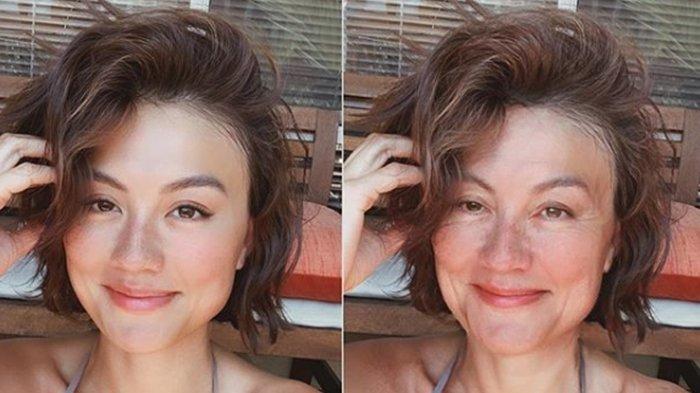 Agnez Mo menampilkan wajah tuanya lewat aplikasi FaceApp #AgeChallenge.