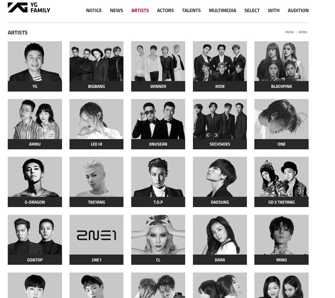 Deretan artis yang bernaung di agensi YG Entertainment.