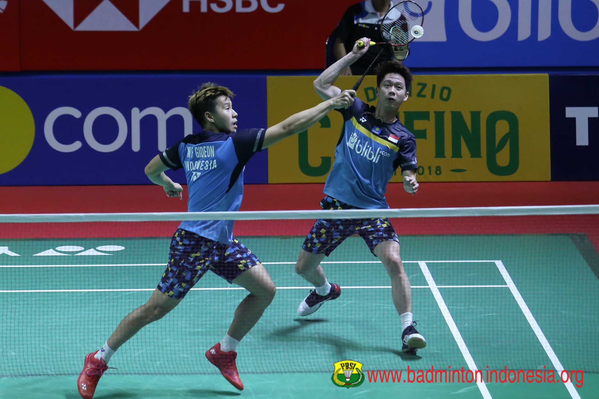 Kevin Sanjaya Sukamuljo/Marcus Fernaldi Gideon saat bertanding menghadapi Ganda India di babak 16 besar Indonesia Open 2019. (Foto: PBSI)