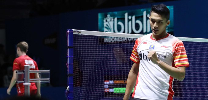 Pubulutangkis tunggal putra Indonesia, Jonatan Christie, saat tampil di turnamen Indonesia Open 2019. (Foto: Twitter