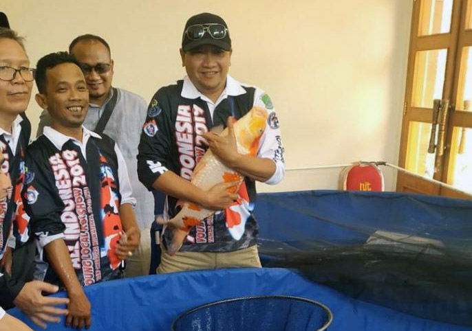 Bupati Pasuruan Irsyad Yusuf  memamarkan salah satu jenis koi yang akan dilombakan di All Indonesia Young Local Koi Show 2019 di Taman Chandra Wilwatikta, Pasuruan (Foto: Dok. Humas)