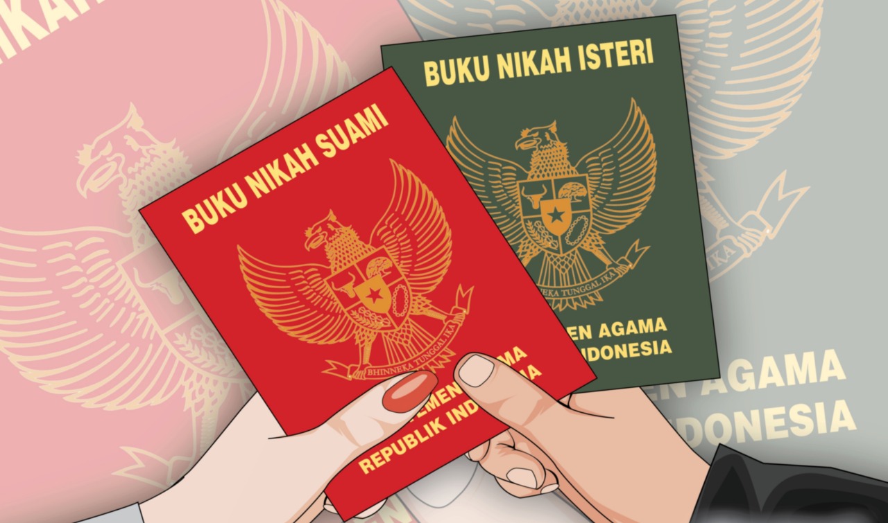 Ilustasi buku nikah di Indonesia. (Ilustrasi: Fa Vidhi Asnan/ngopibareng.id)