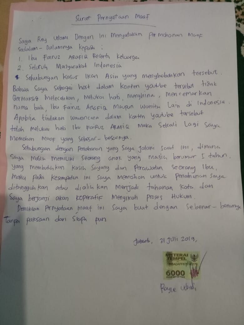 Surat permohonan maaf Rey Utami kepada Fairuz A Rafiq.