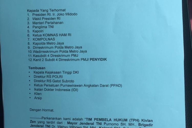 Surat pengalihan penahanan Kivlan Zen. (Foto: Dok. Tim Kuasa Hukum Kivlan Zen)