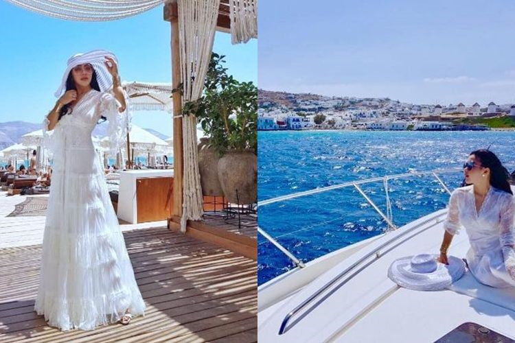 Syahrini di Mykonos saat penggarapan video klip lagunya.