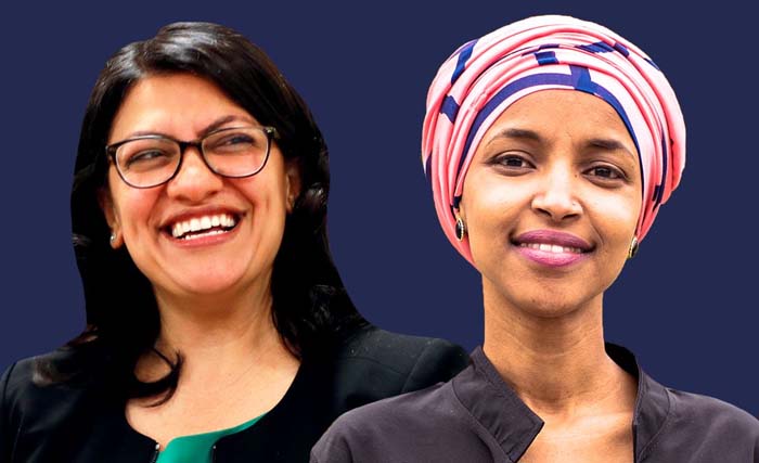 Rashida Tlaib (kiri) dan Ilhan Omar, dua perempuan anggota Kongres AS yang dilarang Israel kunjungi Palestina. (Foto:(DailyWake)