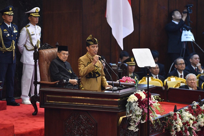 Presiden Joko Widodo saat membacakan Nota Keuangan 2020 di Gedung DPR/MPR, Jumat, 16 Agustus 2019. (Foto: Dok/Antara)