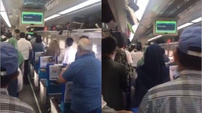 Para penumpang kereta api ketika berdiri menyanyikan lagu Indonesia Raya. (Foto: ist/ngopibareng.id)