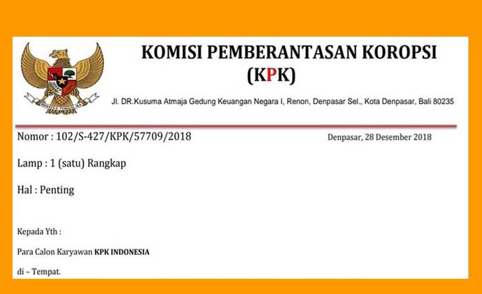 Ilustrasi surat palsu dengan kop KPK. (Ngobar)