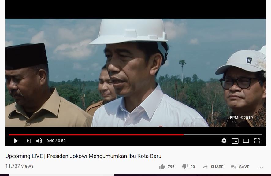 Presiden Jokowi umumkan pemindahan ibu kota negara Indonesia yang baru. (Foto: YouTube)