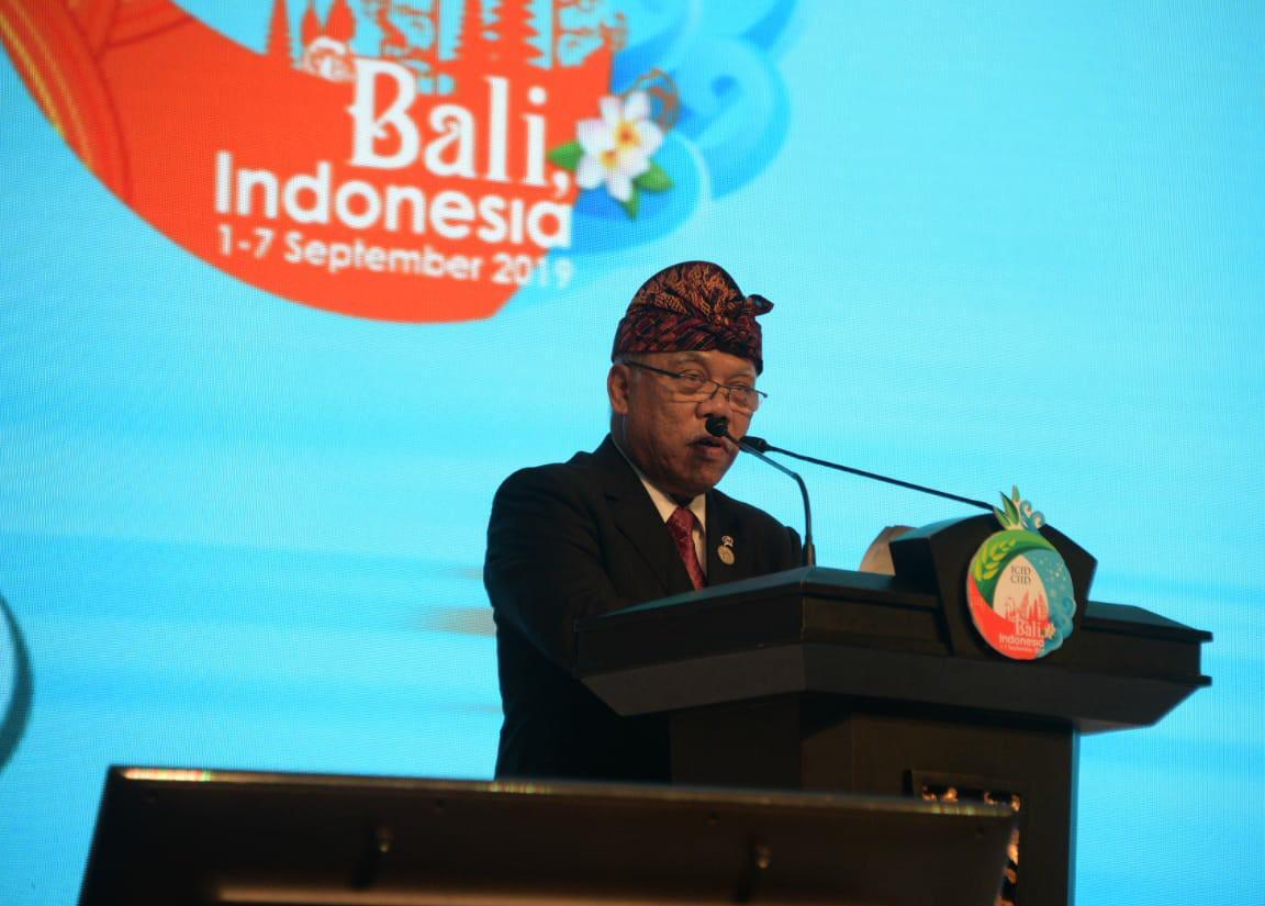 Menteri PUPR Basuki Hadimuljono saat berbicara dalam Forum Irigasi Dunia ke-3 di Bali Nusa Dua Convention Center (BNDCC), Senin 2 September 2019. (Foto: PUPR)