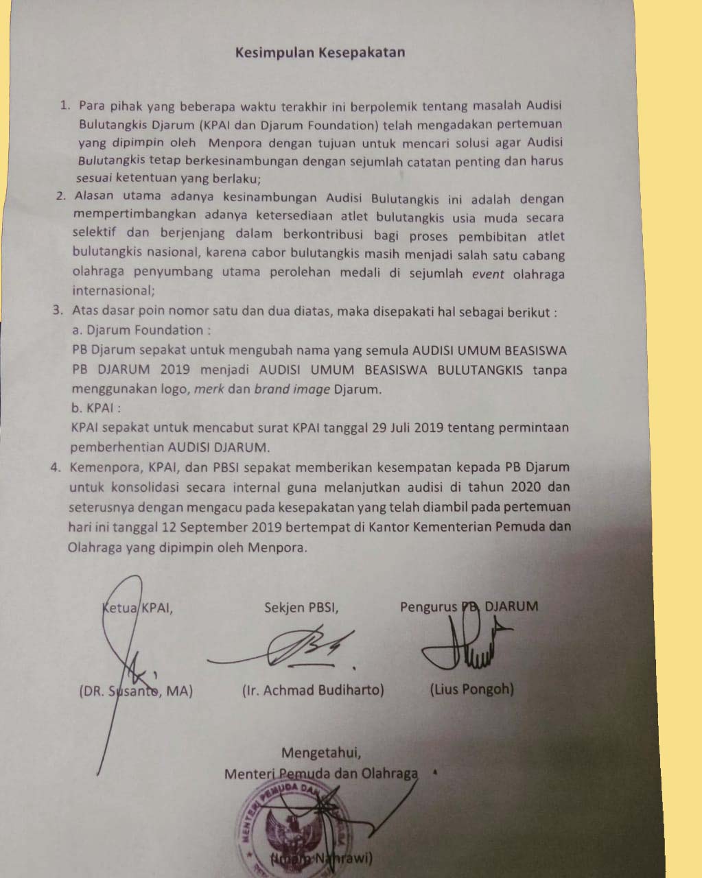 Kesimpulan Kesepakatan KPAI dan PB Djarum