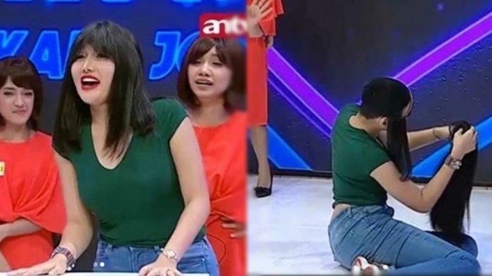 Wig lepas, kepala Lucinta Luna ketahuan botak. (Foto: Pesbukers ANTV)