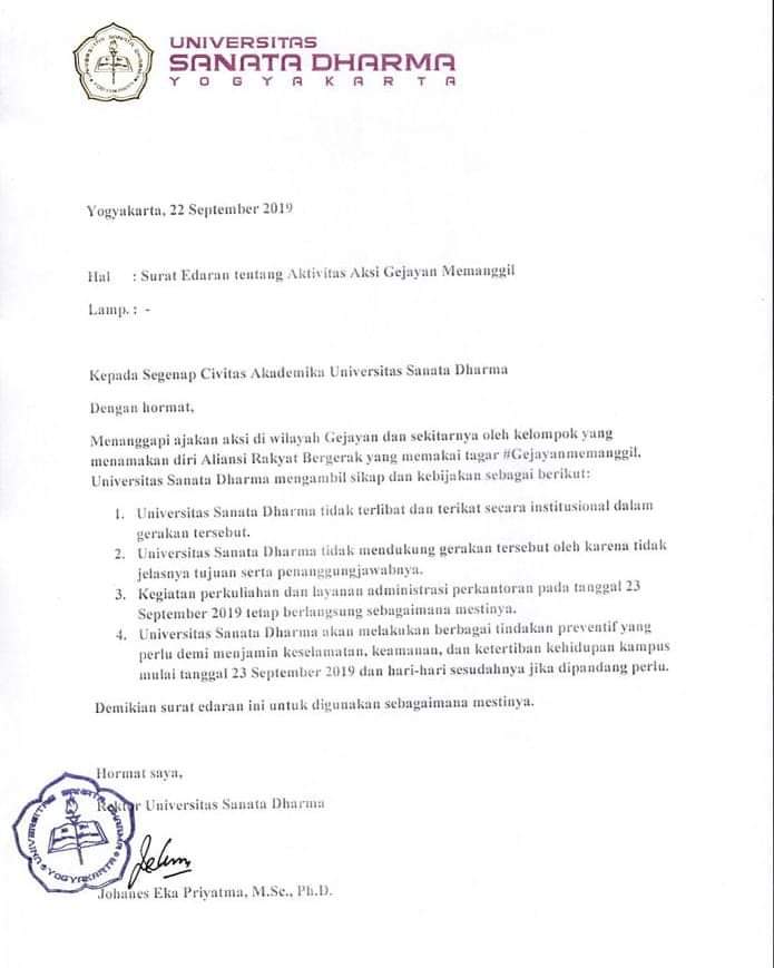 Edaran Rektor Sanata Dharma. (Foto: Istimewa)