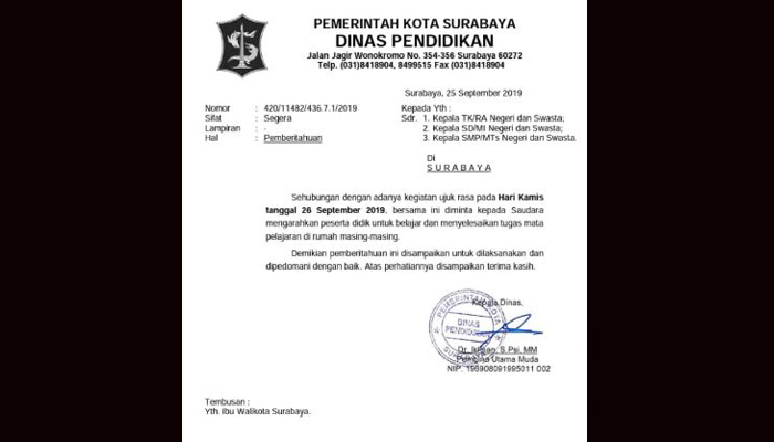 Surat Edaran dan Pemberitahuan Kadispendik tentang Libur pada 26 September 2019. (foto: istimewa)