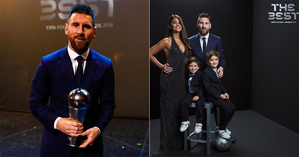 Lionel Messi bersama istri dan kedua anaknya merayakan kemenangan sebagai Pemain Terbaik Pria di ajang The Best FIFA Football Awards 2019 di Teatro Alla Scala, Milan, Italia, Senin 22 September 2019 waktu setempat. (Foto: FIFA 2019)