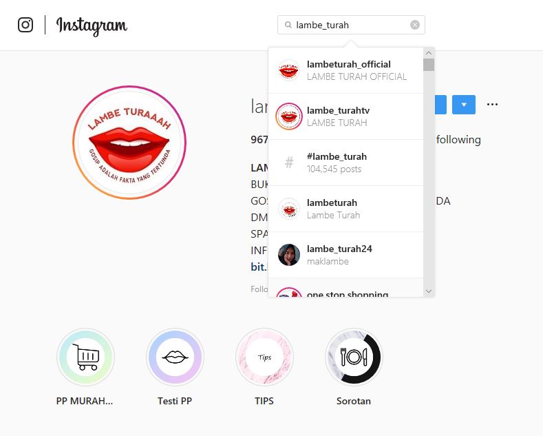 Akun Instagram Lambe Turah hilang, tapi akun palsu lainnya masih ada.