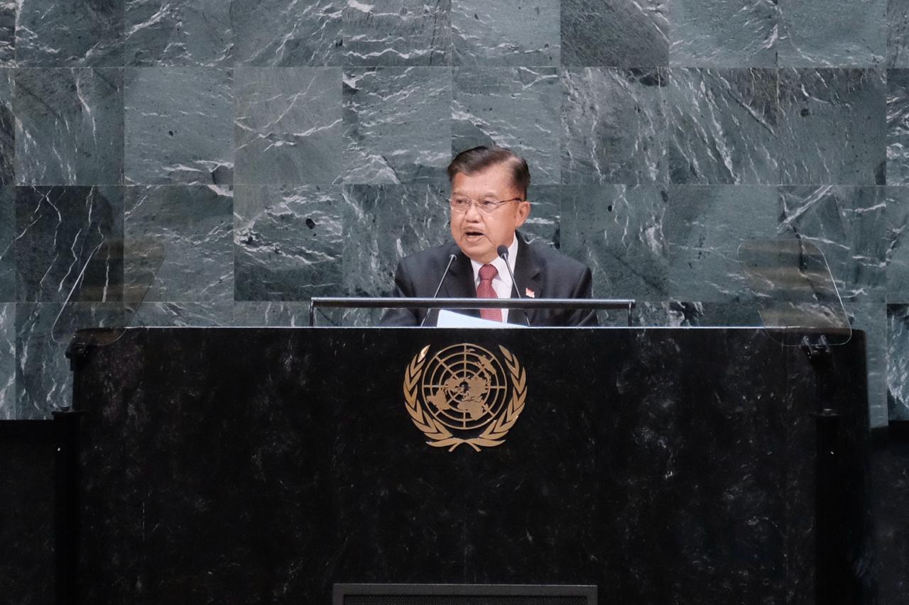 Wapres Jusuf Kalla ketika menyampaikan pidati di Sidang Umum Majelis PBB di New York, AS. (Foto: kemlu/ngopibareng.id)