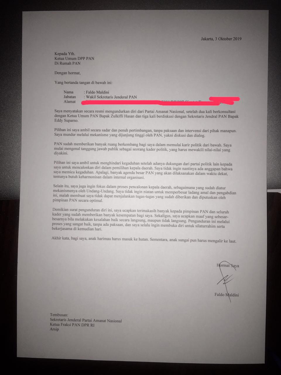 Surat pengunduran diri Faldo Maldini.