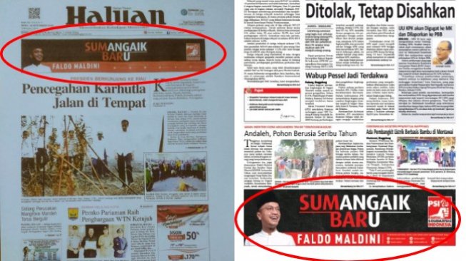 Iklan Faldo Maldini tercantum logo Partai Solidaritas Indonesia (PSI).