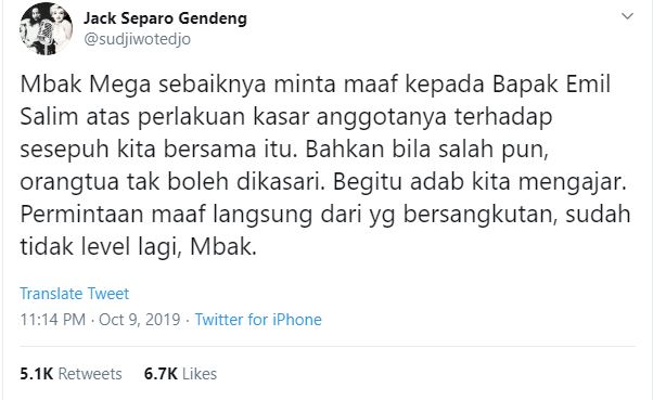 Twit Sudjiwo Tedjo yang meminta Megawati meminta maaf atas perilaku kasar anak buahnya. (Foto: capture twitter)