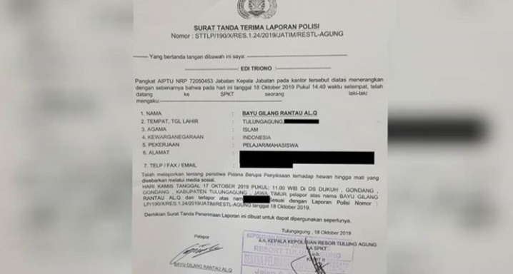 Laporan polisi yang dilayangkan pecinta hewan Tulungagung dan sekitarnya. (Foto: Istimewa)