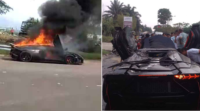 Supercar Lamborghini Aventador milik Raffi Ahmad hangus terbakar di bagian kap, saat melintas di Sentul, Jawa Barat, Sabtu 19 Oktober 2019.