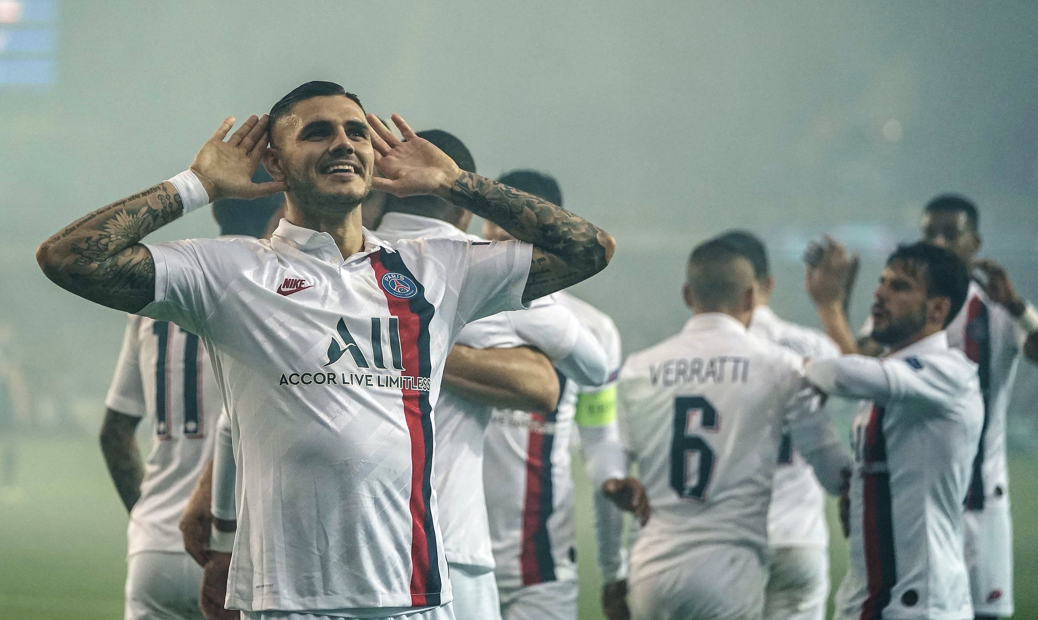 Mauro Icardi melakukan selebrasi saat PSG hancurkan Club Brugge di matchday ketiga Grup A Liga Champions 2019-2020. (Foto: Twitter/@PSG_inside)