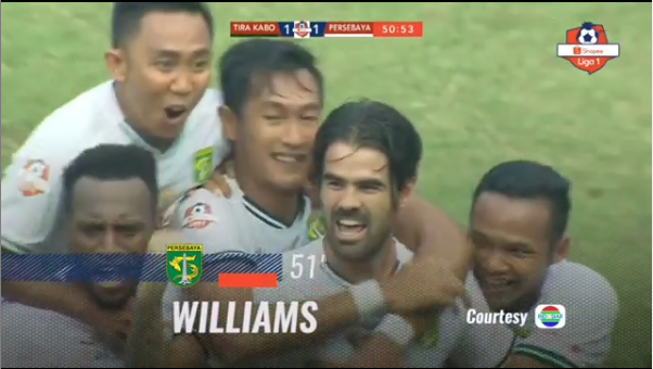 Selebrasi Aryn Williams usai mencetak gol dalam laga Persebaya Surabaya vs Tira-Persikabo di Stadion Pakansari, Kabupaten Bogor, Sabtu 9 November 2019. (Foto: Instagram Liga 1)