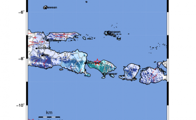 Posisi gempa bermagnitutdo 5,1 di Bali yang dirasakan warga Banyuwangi. (Foto: twitter)