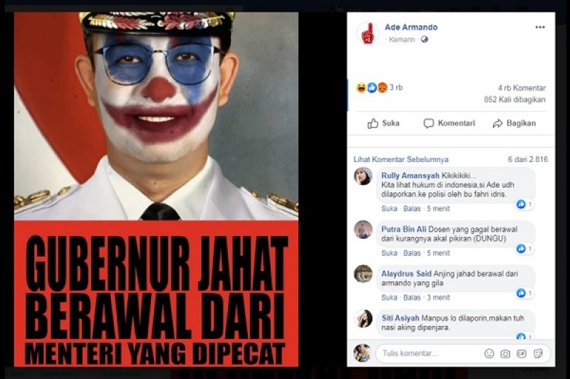 Capture meme Joker Anies Baswedan yang diposting Ade Armando. (Foto: Istimewa)