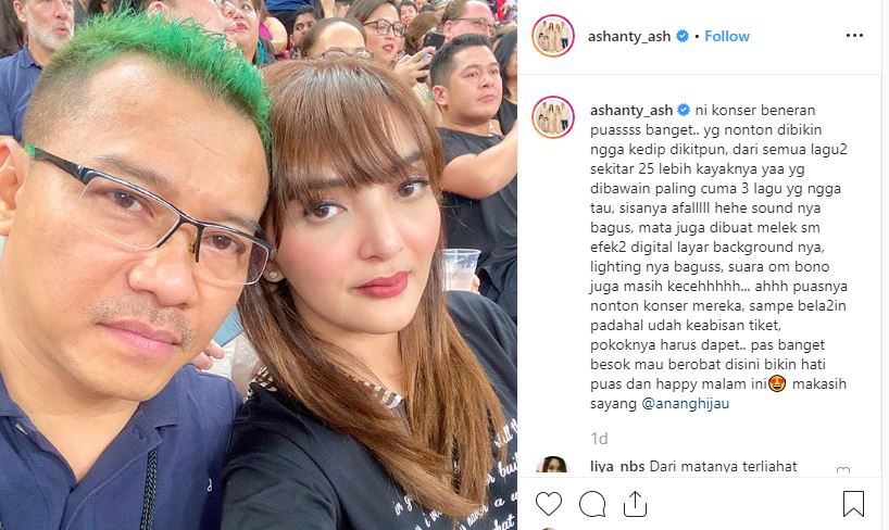 Ashanty mengunggah foto bersama suami, Anang Hermansyah, saat nonton konser U2 di Singapura, bertepatan dengan agenda sidang kasus wanprestasi. (Foto: Instagram Ashanty)