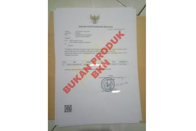 Sebuah surat tentang pengumuman penetapan nomor induk pegawai (NIP). (Foto: Twitter @bkngoid)