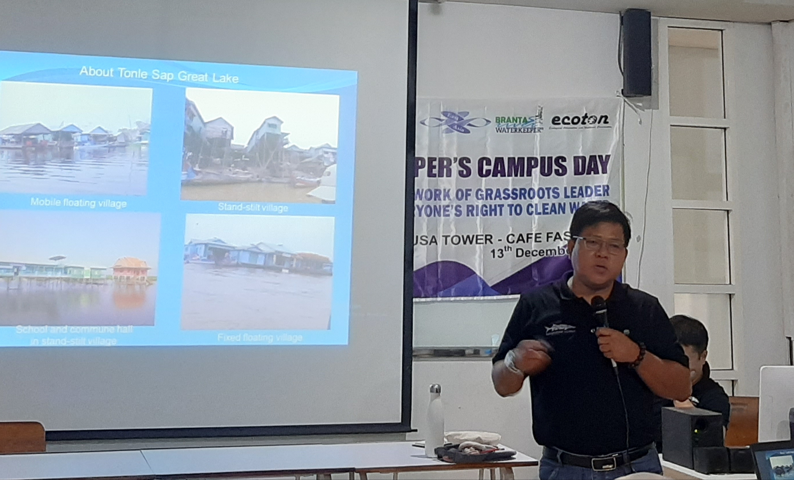 Hao Xin Qiantang River Waterkeeper (China) menceritakan pengalamanya dalam pengatasi permasalahan lingkungan air di negaranya. (FOTO: Pita/Ngopibareng.id)