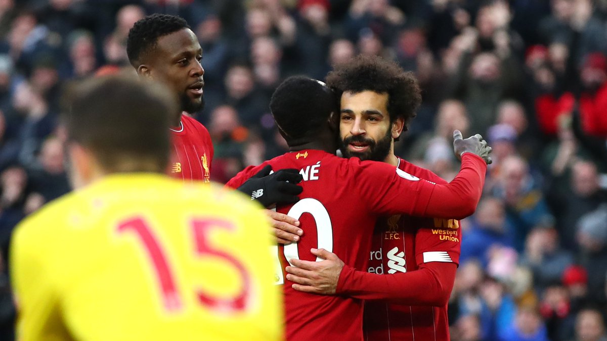 Mohammed Salah dan Sadio Mane saat melakukan selebrasi usai mencetak gol ke gawang Watford. (Foto: Twitter/@LFC)