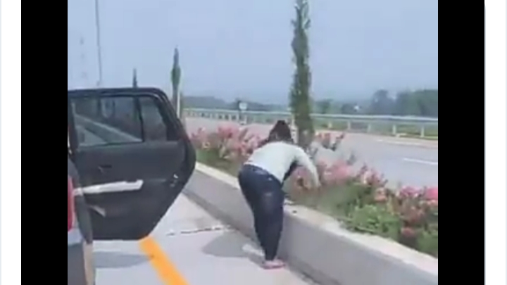 Tangkapan layar seorang ibu mengambil bunga di tol Malang-Pandaan. (Foto: Tangkapan layar) 