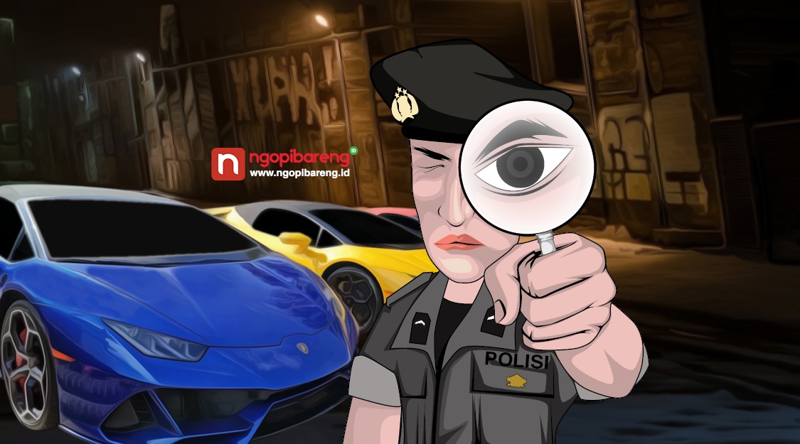 Ilustrasi polisi yang curiga dengan supercar yang terbakar d Jalan HR Muhammad Surabaya pada 8 Desember lalu. (Ilustrasi: Vidhi/ngopibareng.id)