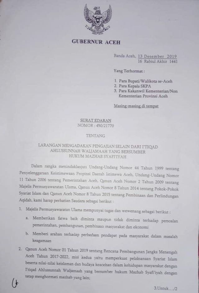 Surat edaran Pemerintah Aceh yang melarang pengajian selain I'tiqad Ahlusunah Waljamaah. (Foto: dtk)