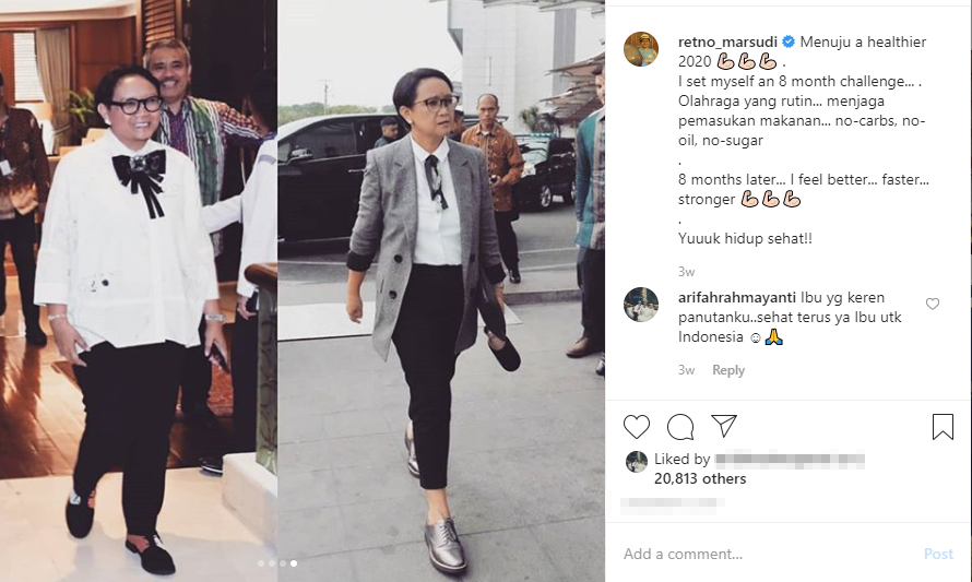 Retno Marsudi memperlihatkan perbedaan berat badannya sebelum dan sesudah diet. (Foto: Instagram @retno_marsudi)