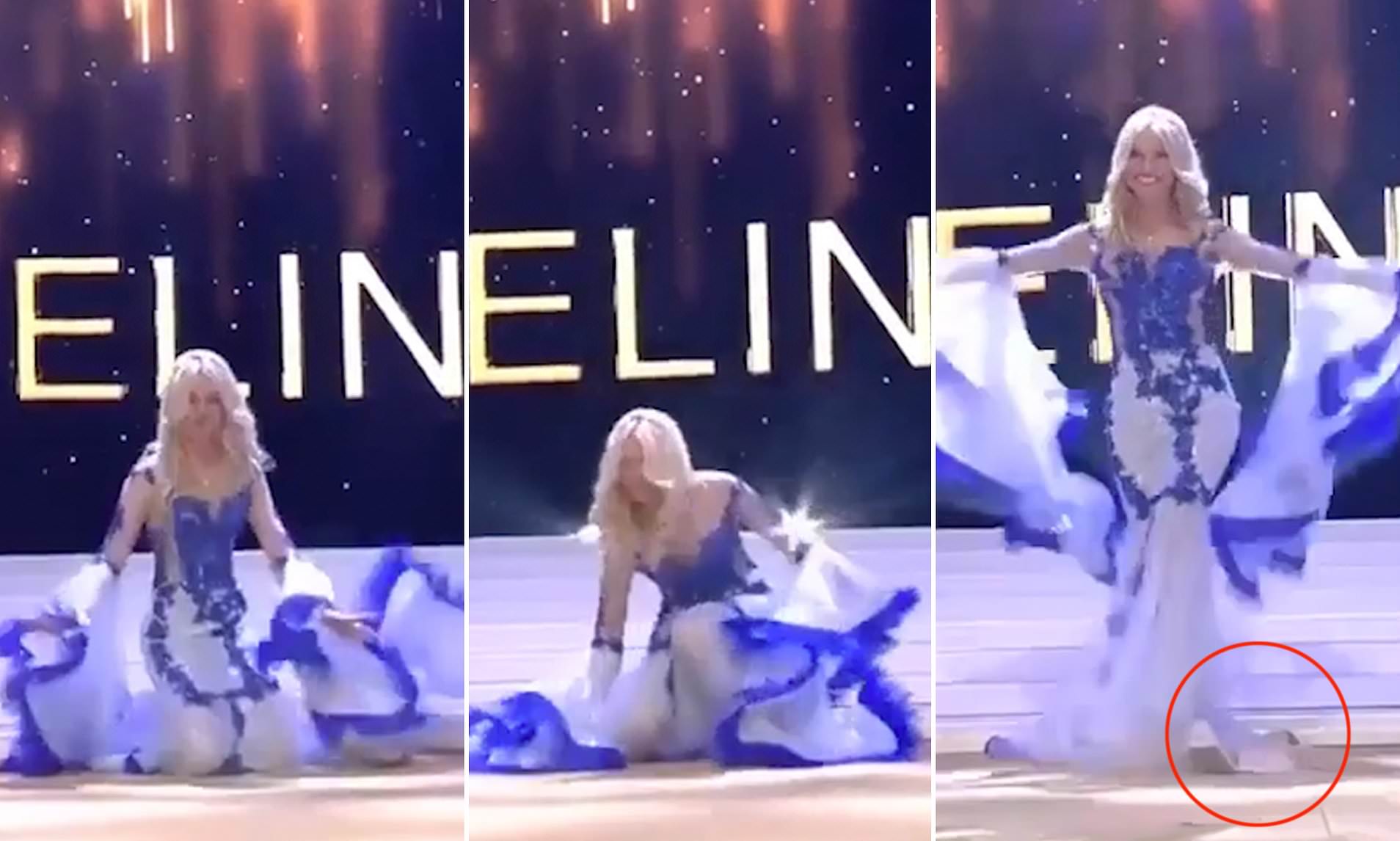 Miss Belgia 2020, Celine Van Ouytsel jatuh di panggung dan ada bra (dilingkari) jatuh. (Foto: YouTube/Twitter)