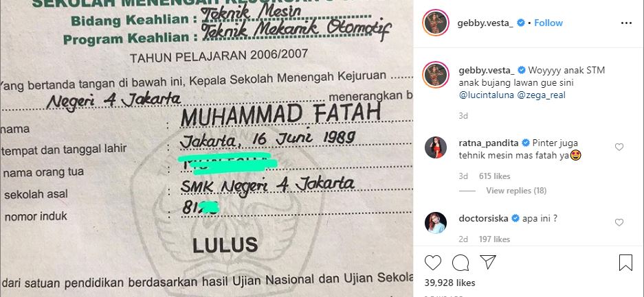 Unggahan foto ijazah STM diduga milik Lucinta Luna atas nama Muhammad Fatah.