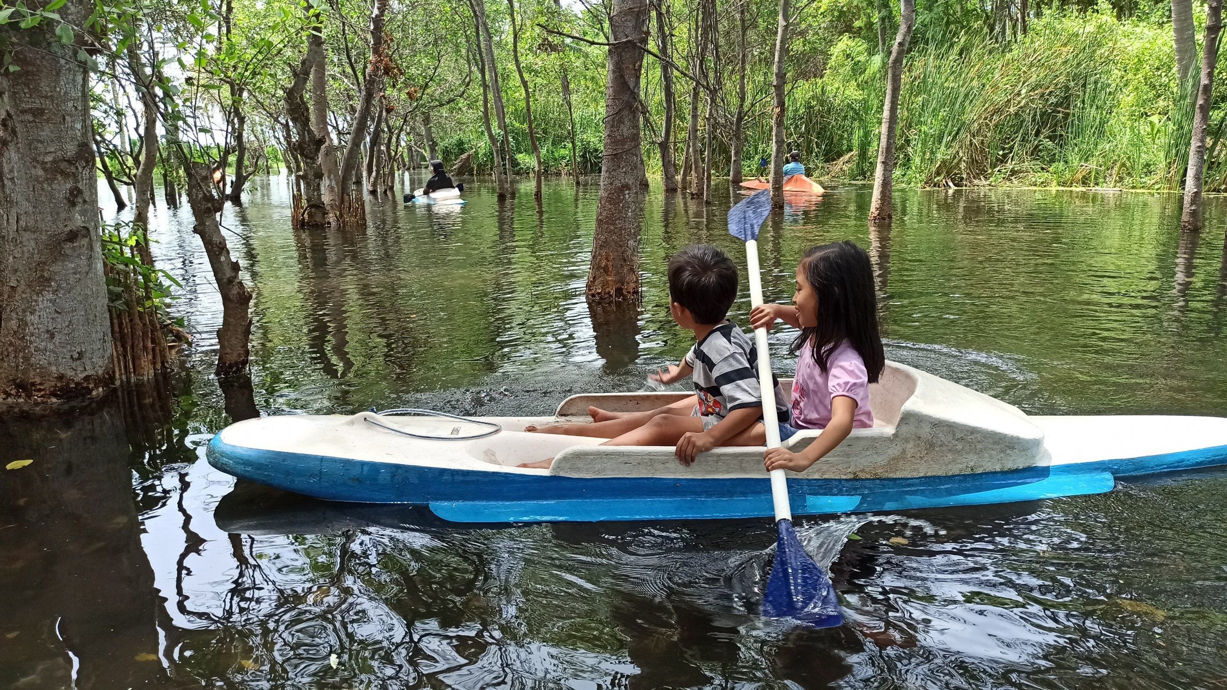 Anak-anak bermain kano di rawa sekitar Pantai Cacalan, Banyuwangi. Rawa ini relatif aman karena kedalamannya hanya sekitar 50cm. (Foto: Hujaini/ngopibareng.id)