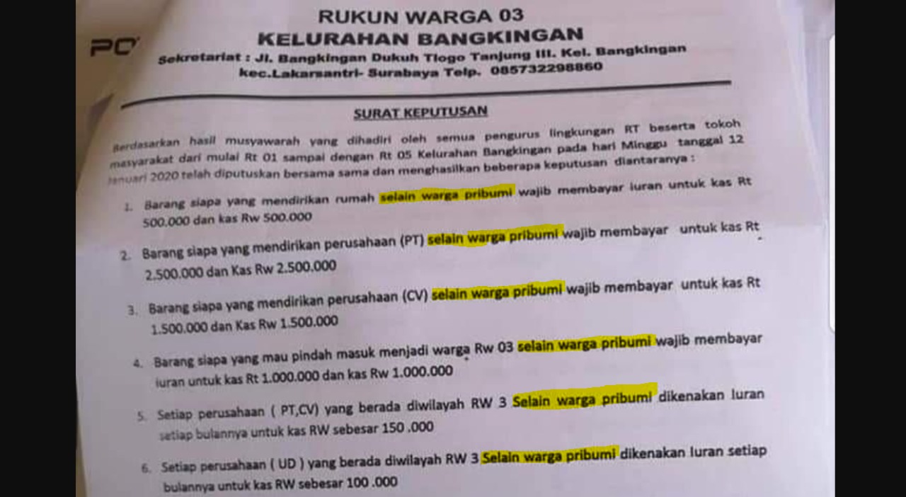 Surat RW 03 Bangkingan yang menyebut pribumi dan nonpribumi. (Foto: istimewa)