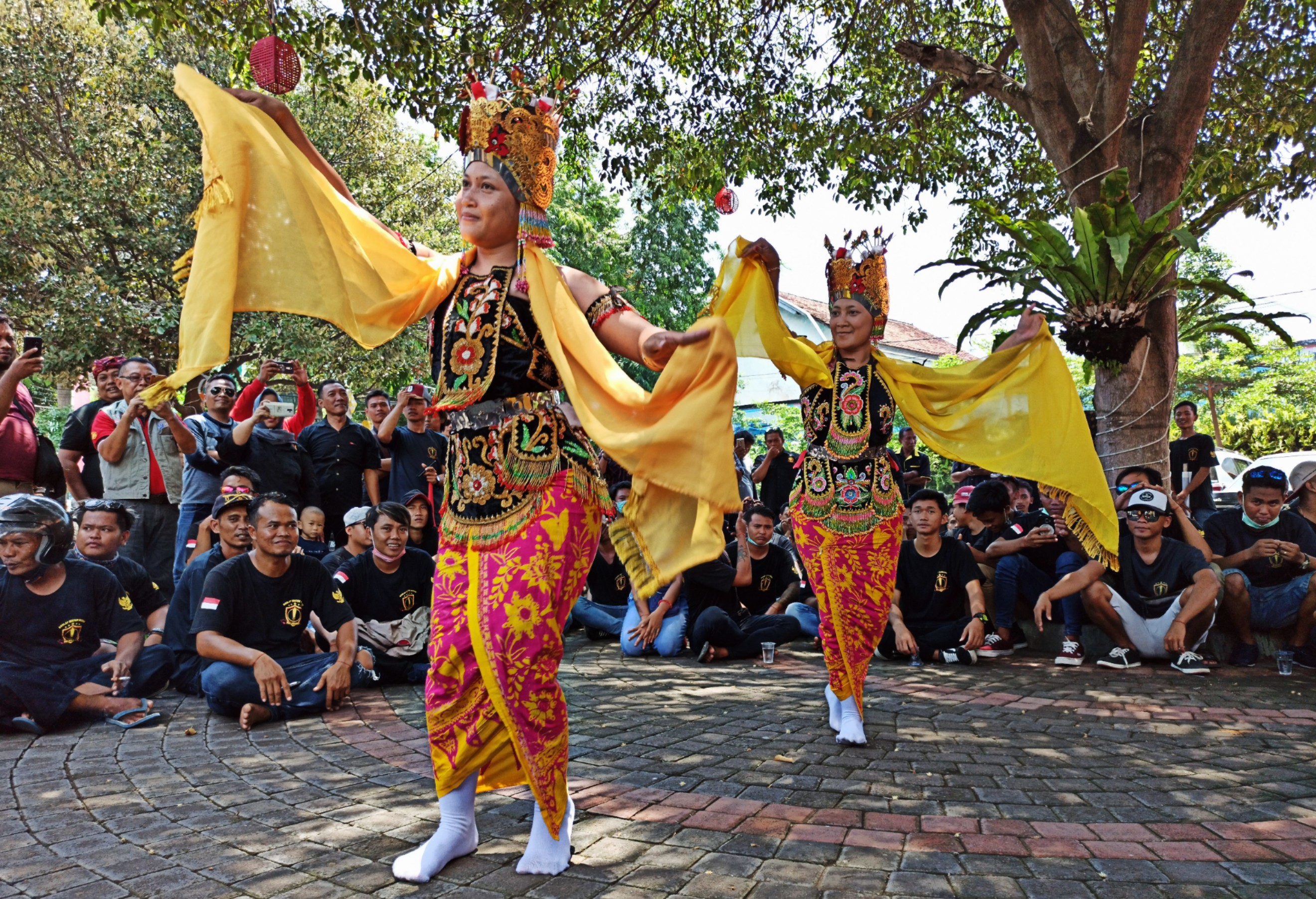 Dua penari Gandrung beraksi di sela aksi unjuk ras ayang dilakukan Balawangi di Kantor Disbudpar Banyuwangi (foto : Hujaini/ngopibareng.id)