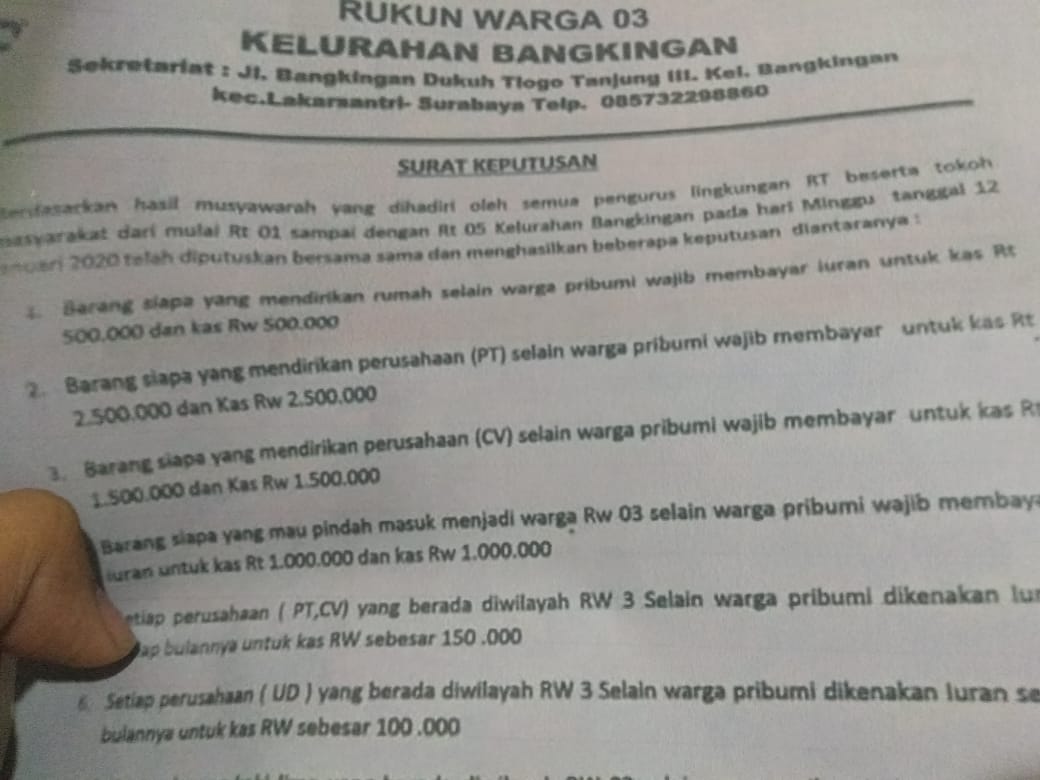 Salinan Surat Keputusan RW 03 Bangkingan yang diterima Tim Ngopibareng. (Foto: Faiq/ngopibareng.id)