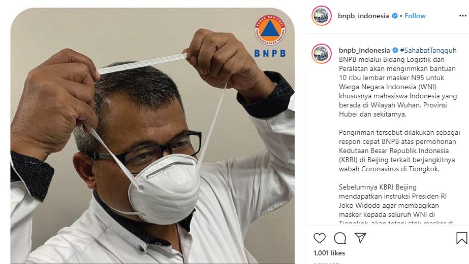 masker tipe N-95 yang dikirim ke China. (Foto:instagram BNPB)