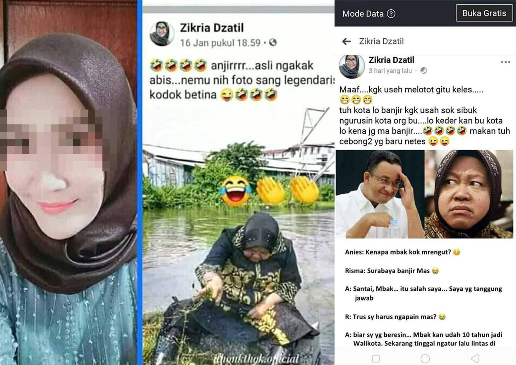 Zikria Dzatil, netizen penghina Wali Kota Surabaya Tri Rismaharini. (Foto: Kolase Facebook)