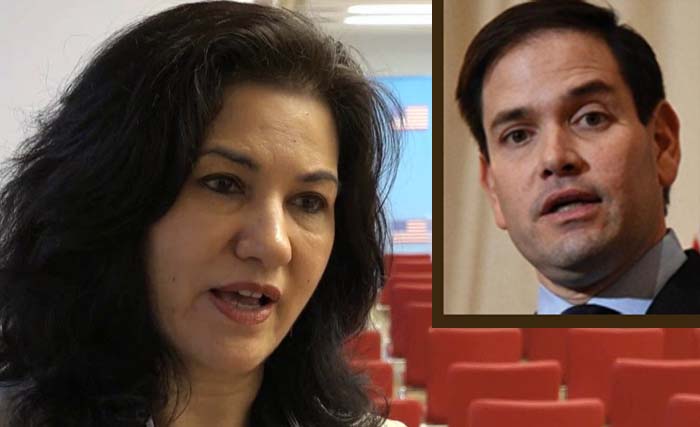 Aktivis Muslim Uighur Rushan Abbas, dan Senator AS Marco Rubio (inzet). (Foto:AFP/Ngopibareng)