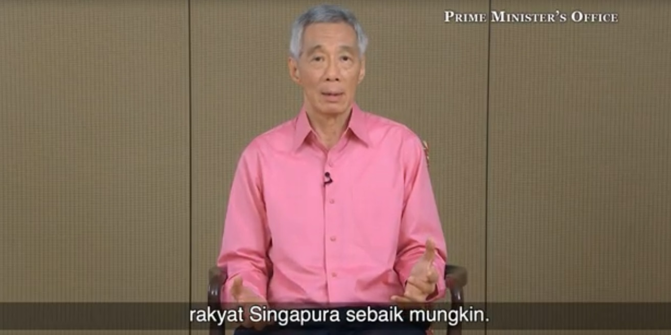 PM Singapura Lee Hsien Loong saat memberikan maklumat untuk memerangi wabah virus corona di negaranya. (Foto:tangkapanlayar/ngopibareng.id)