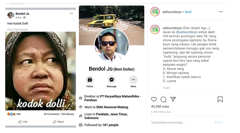 Instagram @aslisuroboyo yang mengunggah hinaan netizen terhadap Risma. (Foto: Instagram)